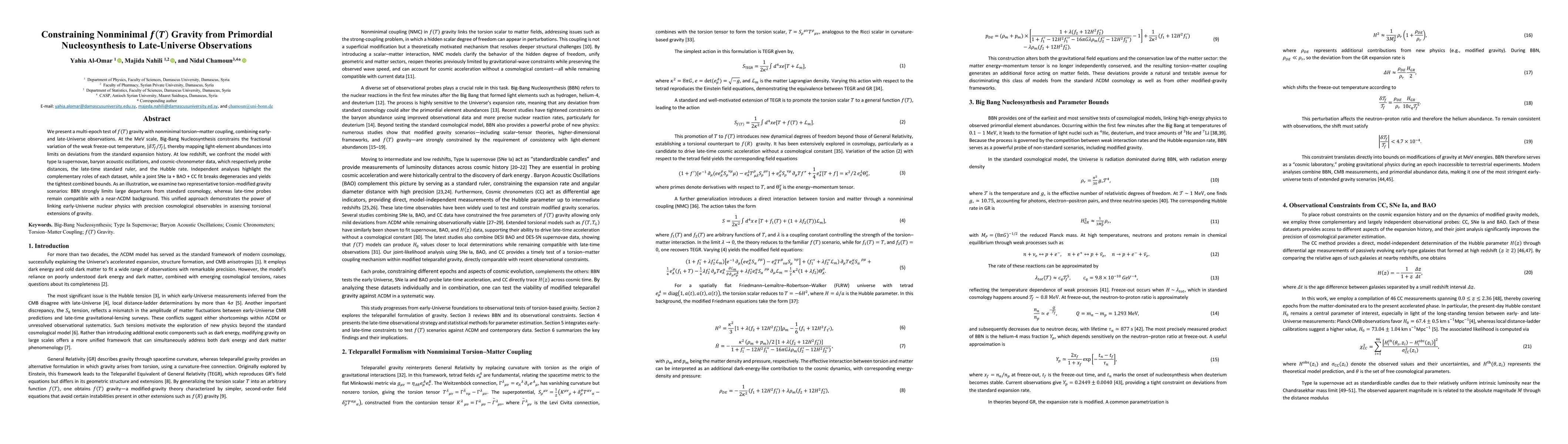 Thumbnail for Constraining nonminimal f(T) gravity from Primordial Nucleosynthesis to Late-Universe observations