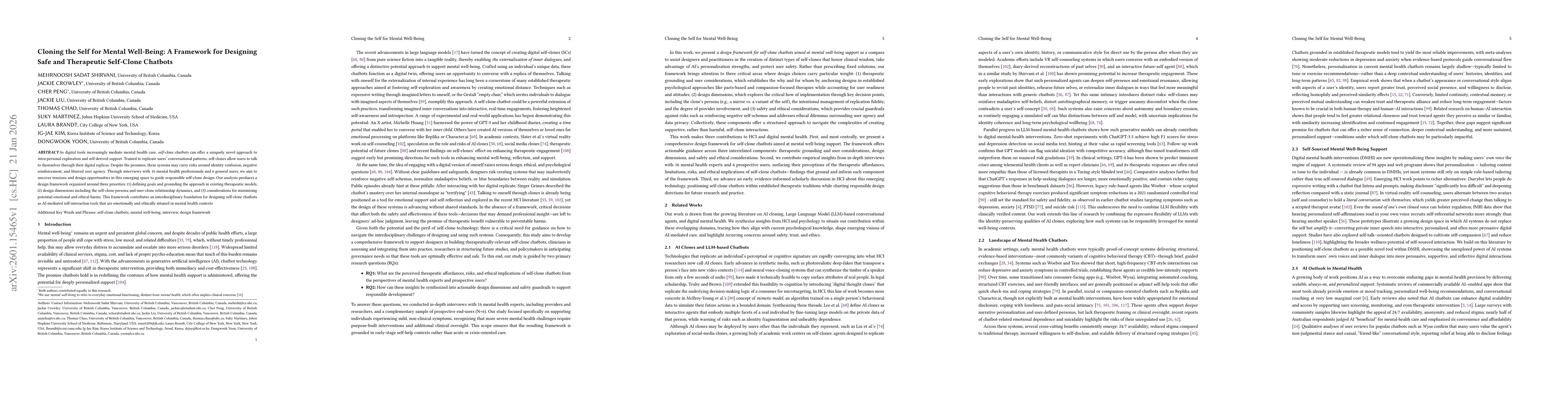Thumbnail for Cloning the Self for Mental Well-Being: A Framework for Designing Safe and Therapeutic Self-Clone Chatbots