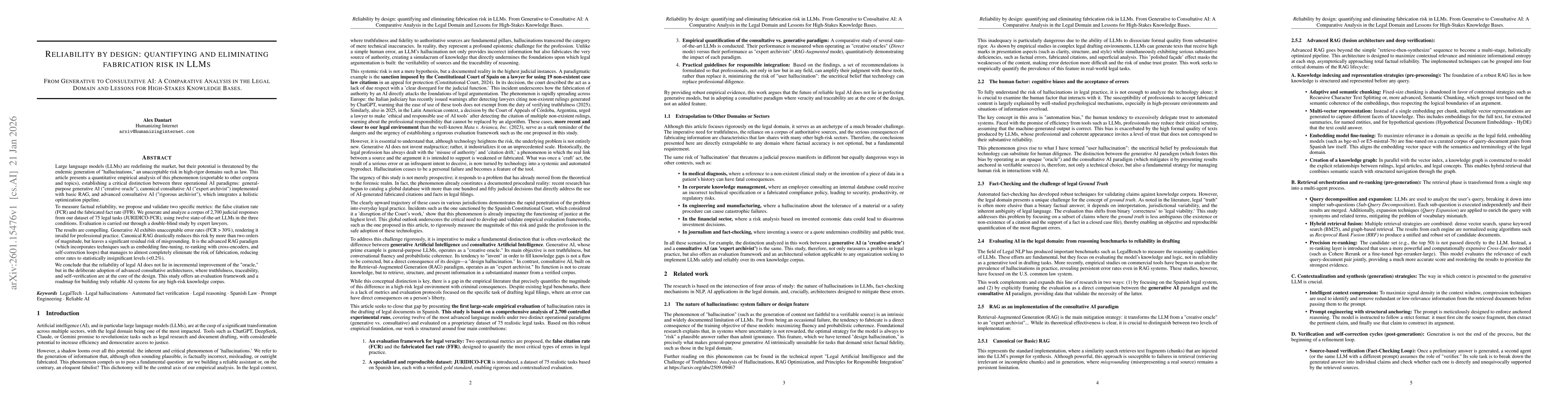 Thumbnail for Reliability by design: quantifying and eliminating fabrication risk in LLMs. From generative to consultative AI: a comparative analysis in the legal domain and lessons for high-stakes knowledge bases