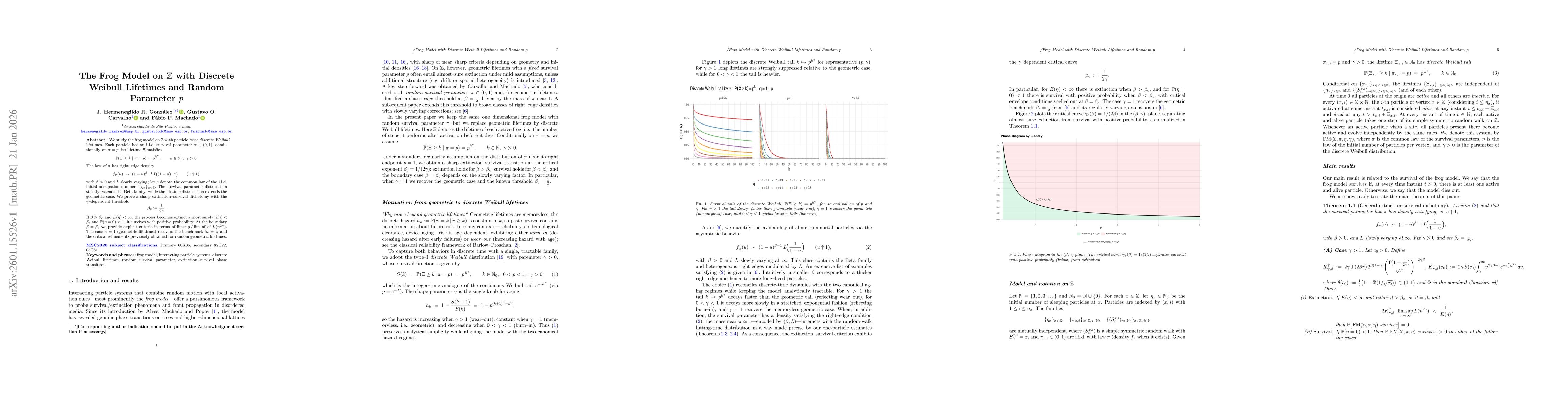 Thumbnail for The Frog Model on $\mathbb{Z}$ with Discrete Weibull Lifetimes and Random Parameter $p$