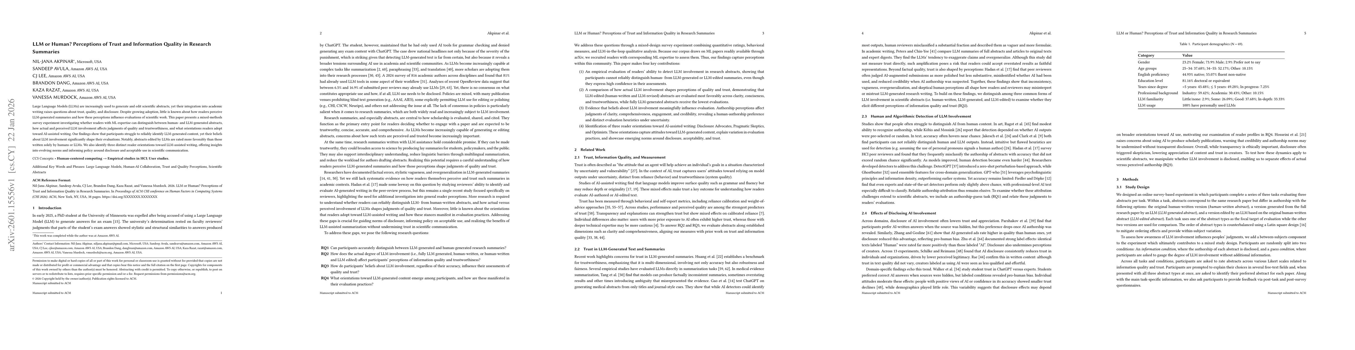 Thumbnail for LLM or Human? Perceptions of Trust and Information Quality in Research Summaries