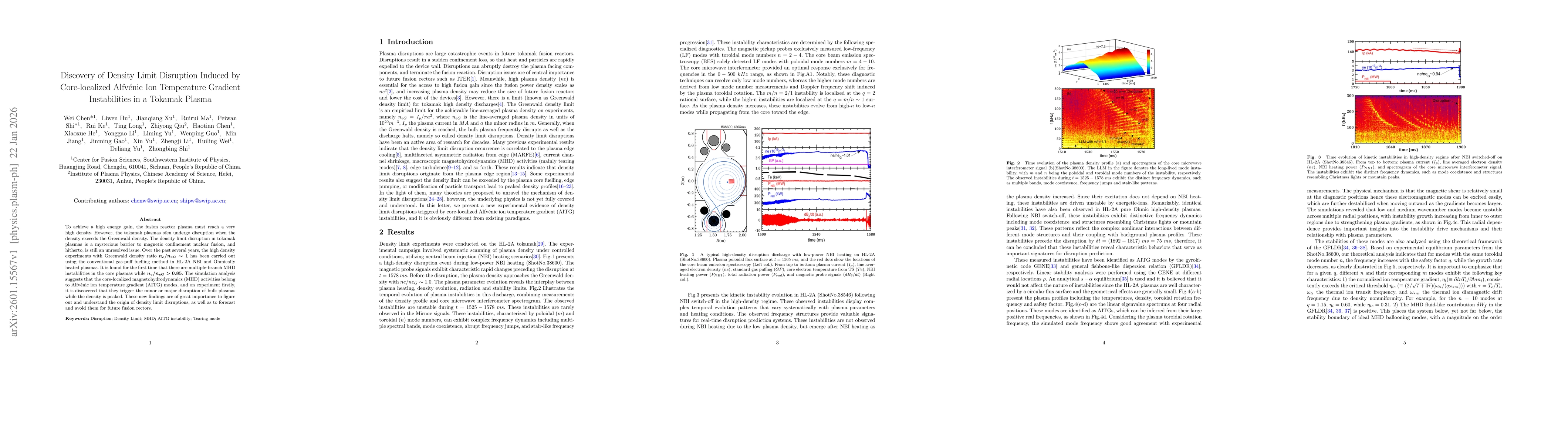 Thumbnail for Discovery of Density Limit Disruption Induced by Core-localized Alfv${é}$nic Ion Temperature Gradient Instabilities in a Tokamak Plasma