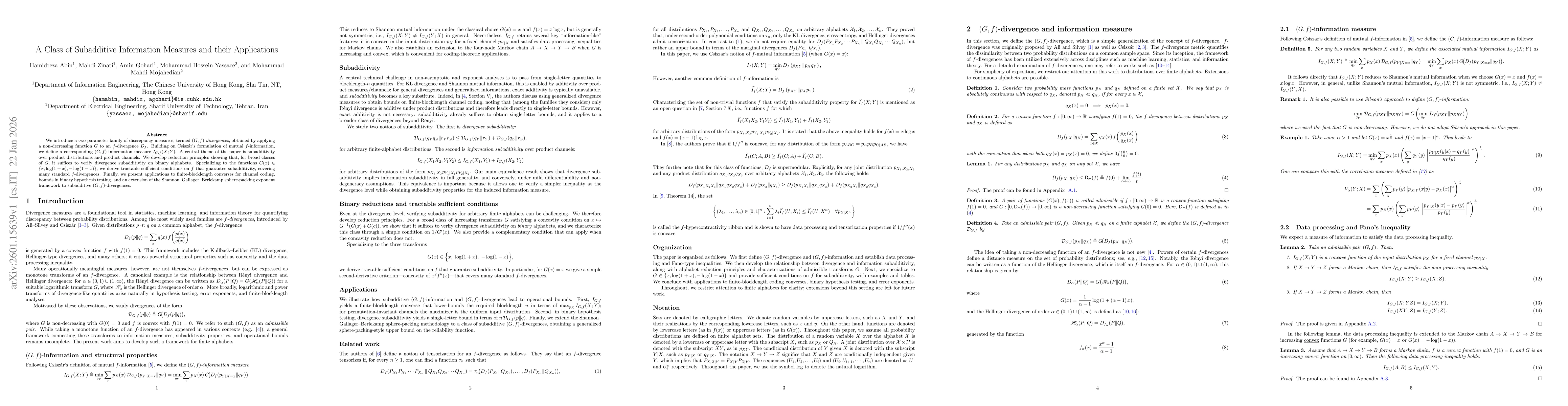 Thumbnail for A Class of Subadditive Information Measures and their Applications