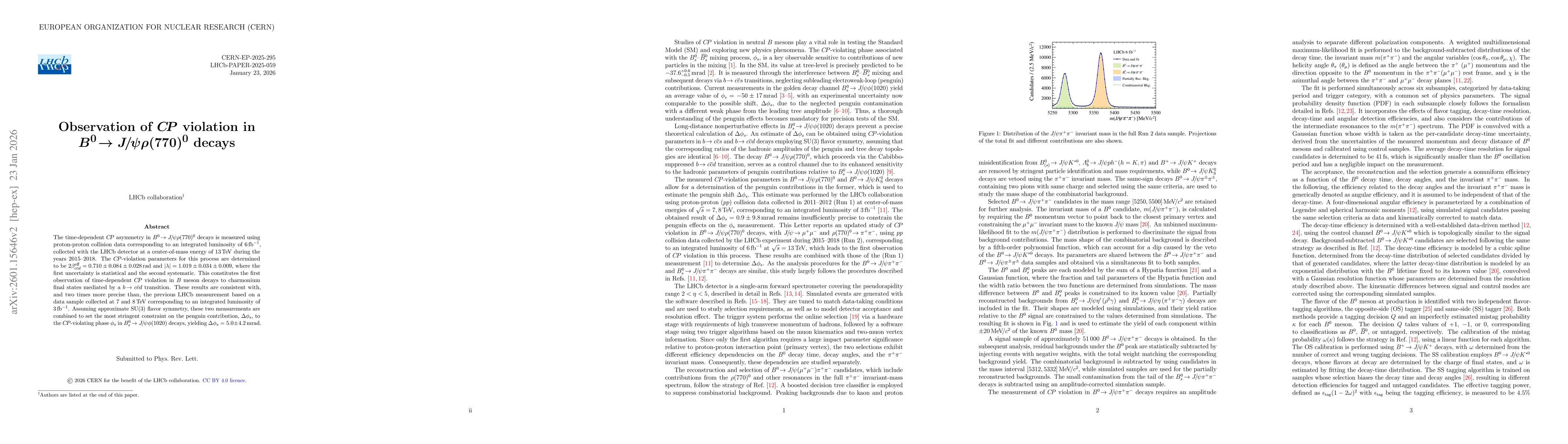 Thumbnail for Observation of $CP$ violation in $B^{0}\!\to{J\mskip-3mu/\mskip-2muψ}ρ(770)^0$ decays