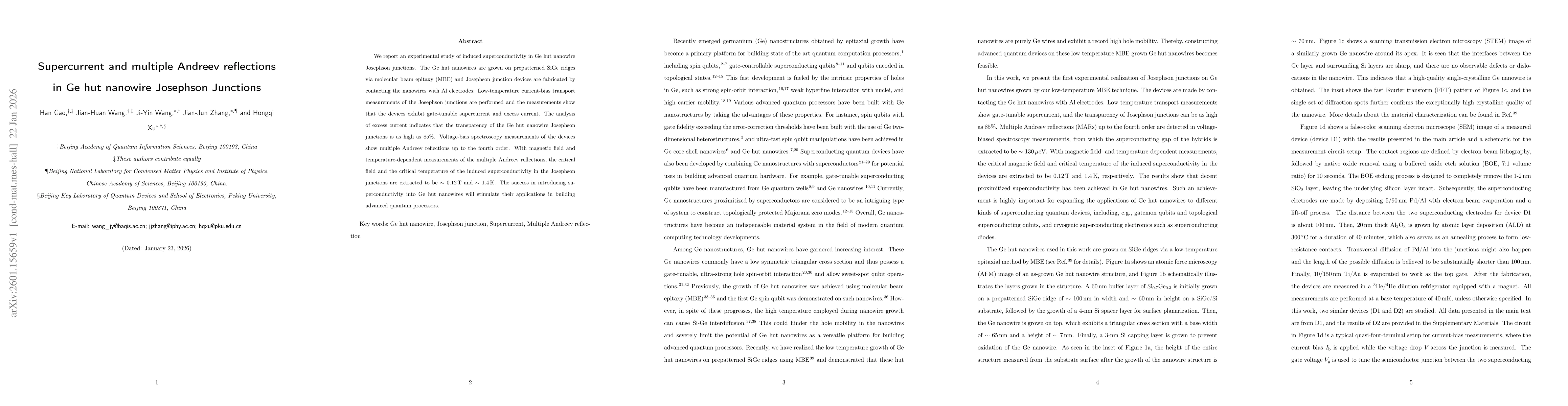 Thumbnail for Supercurrent and multiple Andreev reflections in Ge hut nanowire Josephson Junctions