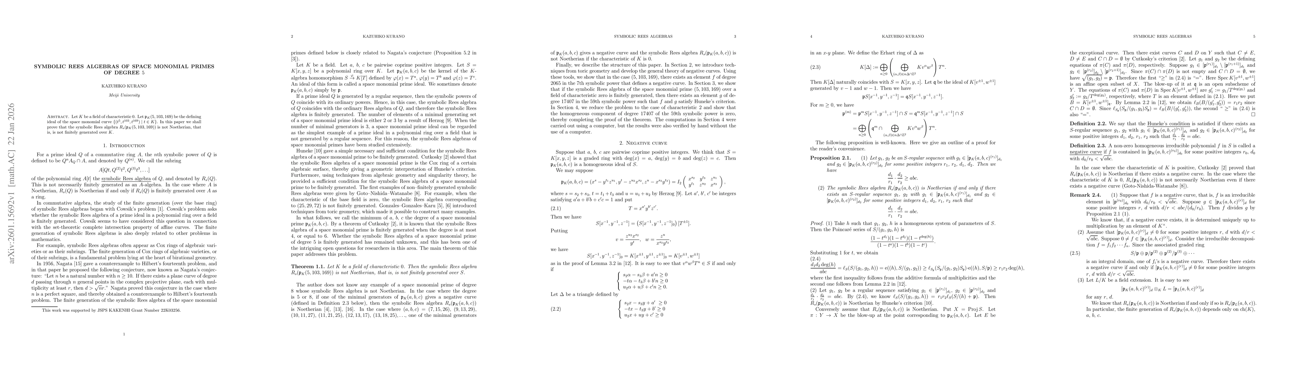 Thumbnail for Symbolic Rees algebras of space monomial primes of degree 5