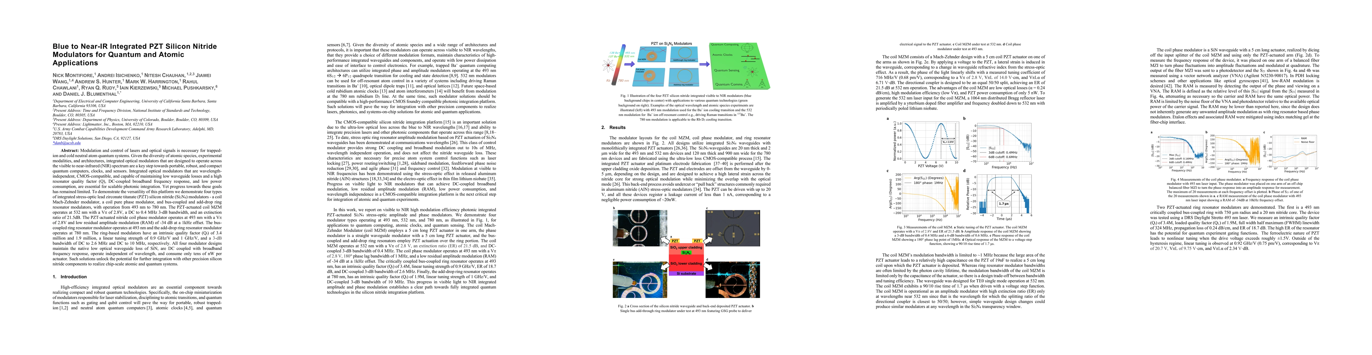 Thumbnail for Blue to Near-IR Integrated PZT Silicon Nitride Modulators for Quantum and Atomic Applications