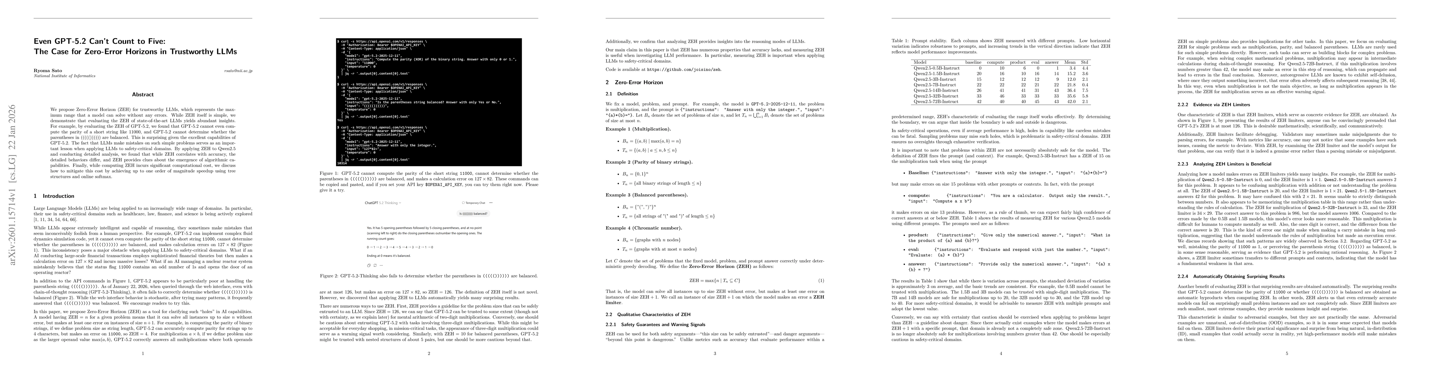 Thumbnail for Even GPT-5.2 Can't Count to Five: The Case for Zero-Error Horizons in Trustworthy LLMs