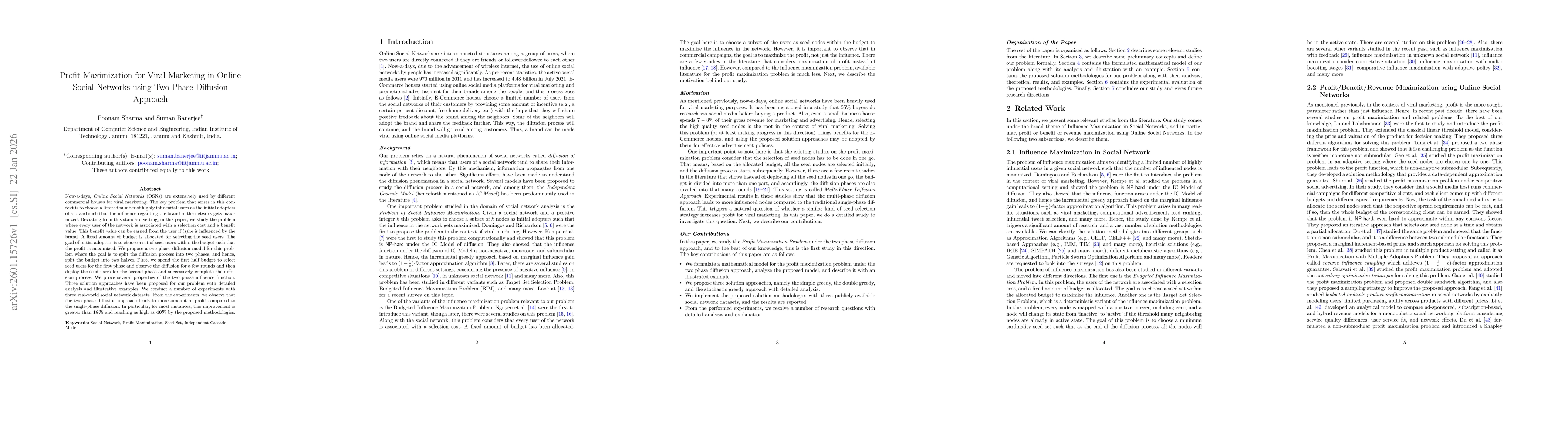 Thumbnail for Profit Maximization for Viral Marketing in Online Social Networks using Two Phase Diffusion Approach
