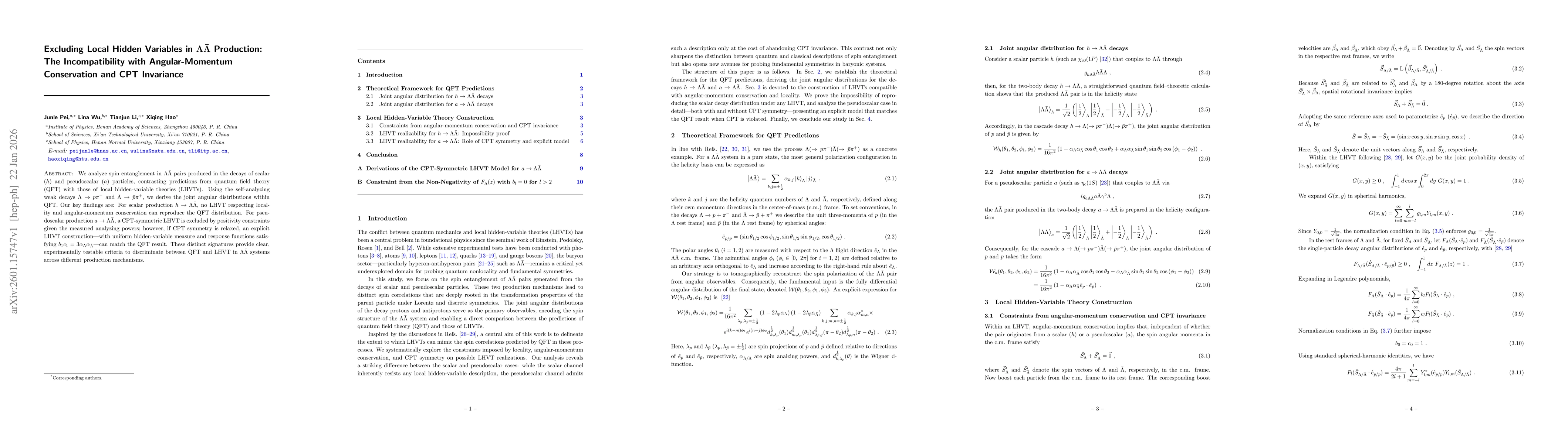 Thumbnail for Excluding Local Hidden Variables in $Λ\barΛ$ Production: The Incompatibility with Angular-Momentum Conservation and CPT Invariance