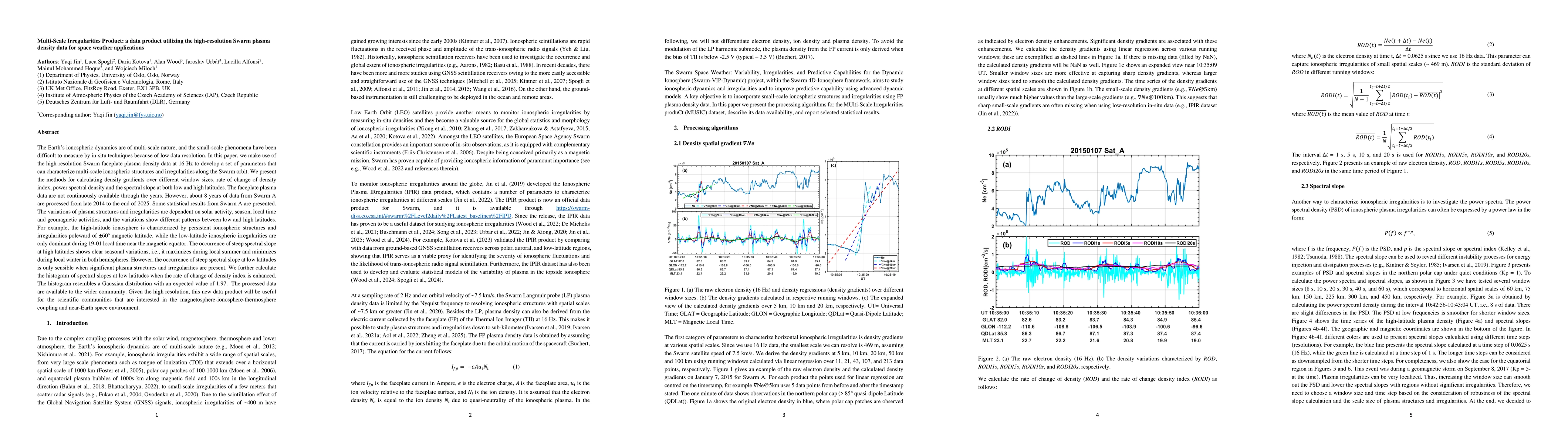 Thumbnail for Multi-Scale Irregularities Product: a data product utilizing the high-resolution Swarm plasma density data for space weather applications