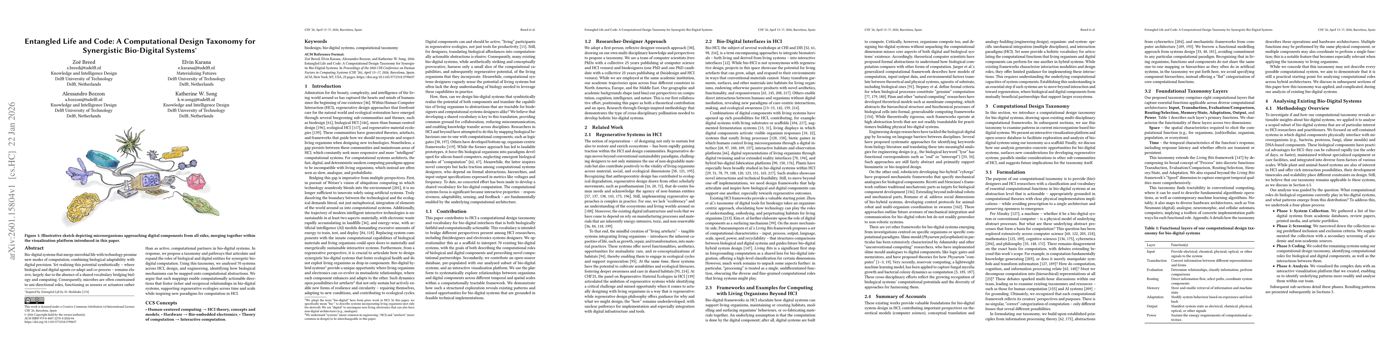 Thumbnail for Entangled Life and Code: A Computational Design Taxonomy for Synergistic Bio-Digital Systems