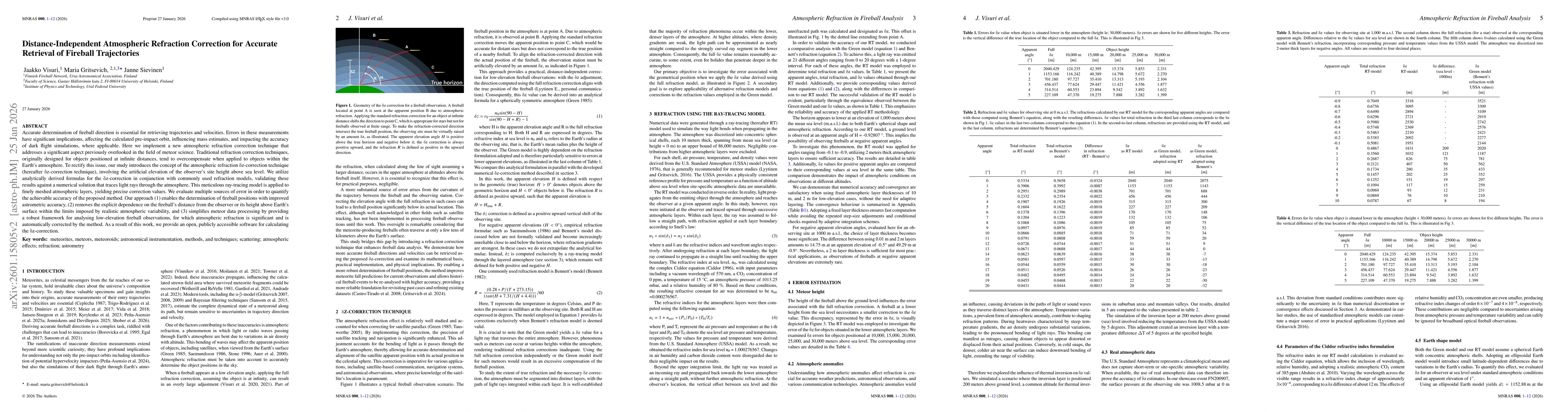 Thumbnail for Distance-Independent Atmospheric Refraction Correction for Accurate Retrieval of Fireball Trajectories
