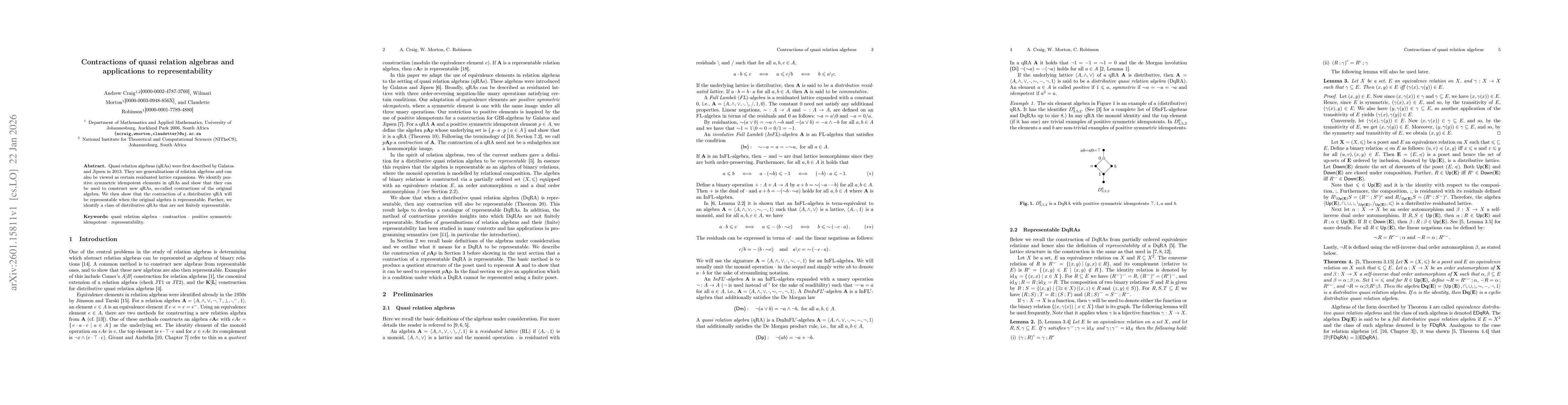 Thumbnail for Contractions of quasi relation algebras and applications to representability