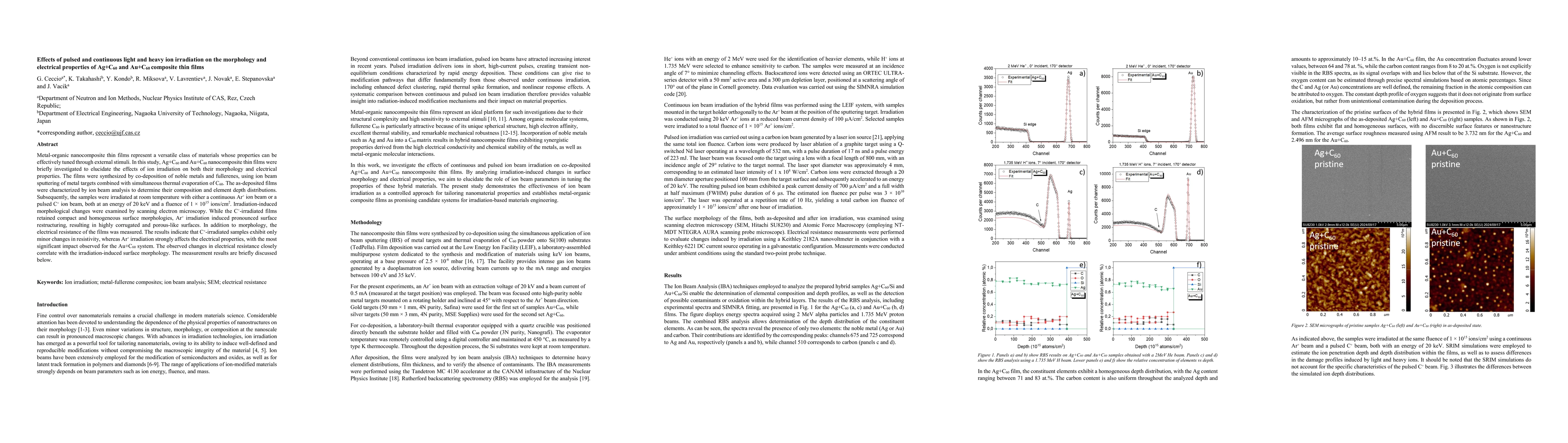 Thumbnail for Effects of pulsed and continuous light and heavy ion irradiation on the morphology and electrical properties of Ag+C60 and Au+C60 composite thin films