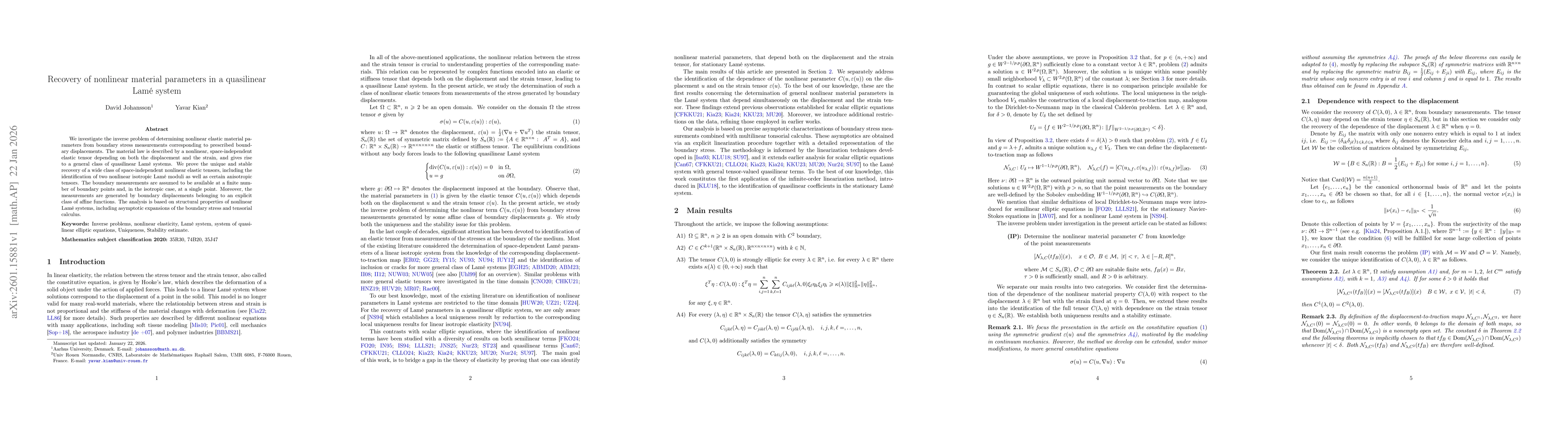 Thumbnail for Recovery of nonlinear material parameters in a quasilinear Lamé system