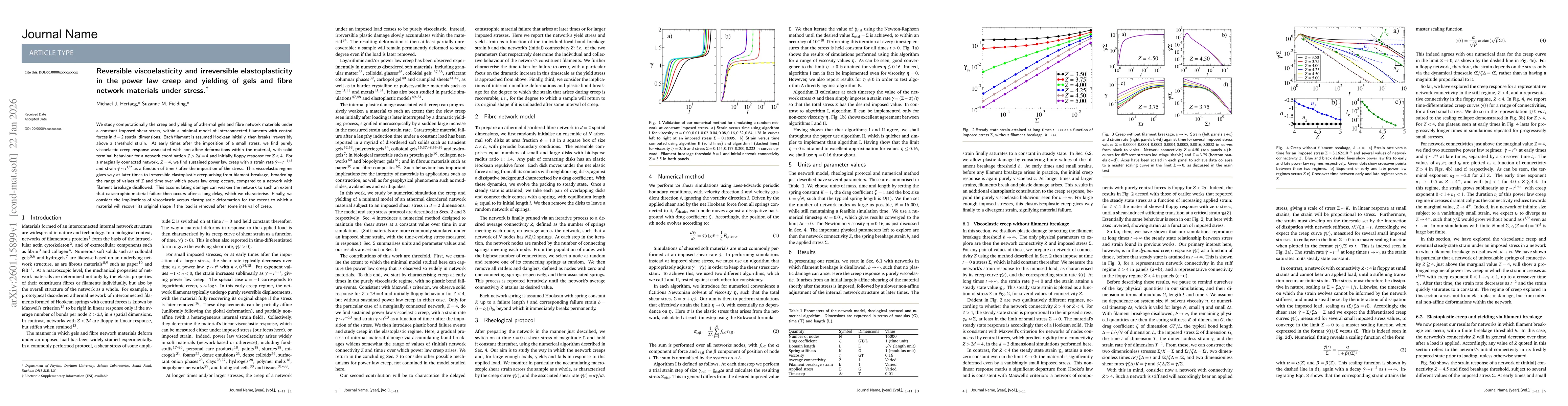 Thumbnail for Reversible viscoelasticity and irreversible elastoplasticity in the power law creep and yielding of gels and fibre network materials under stress