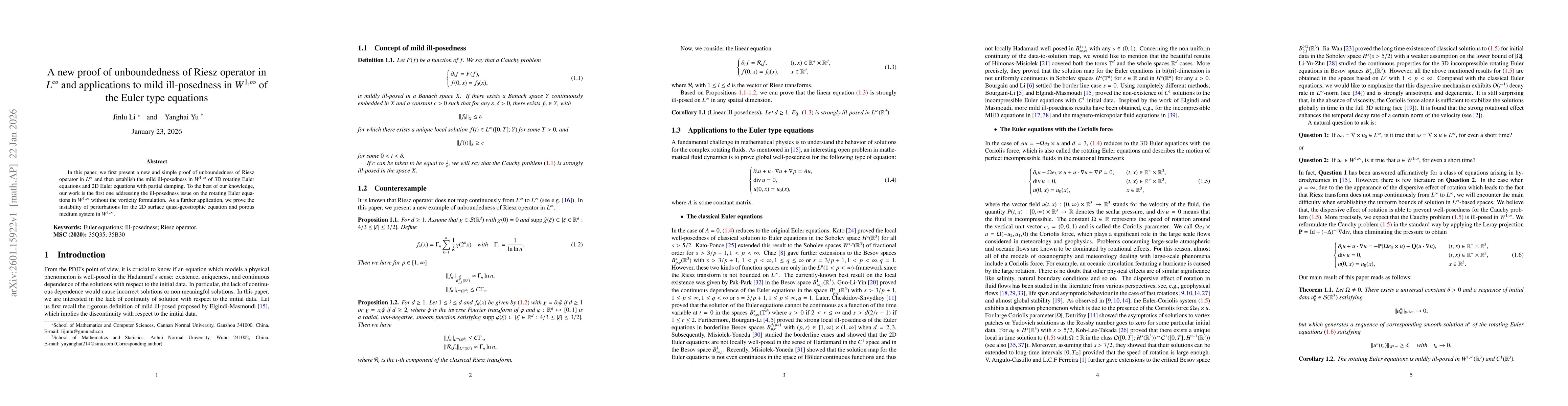 Thumbnail for A new proof of unboundedness of Riesz operator in $L^\infty$ and applications to mild ill-posedness in $W^{1,\infty}$ of the Euler type equations