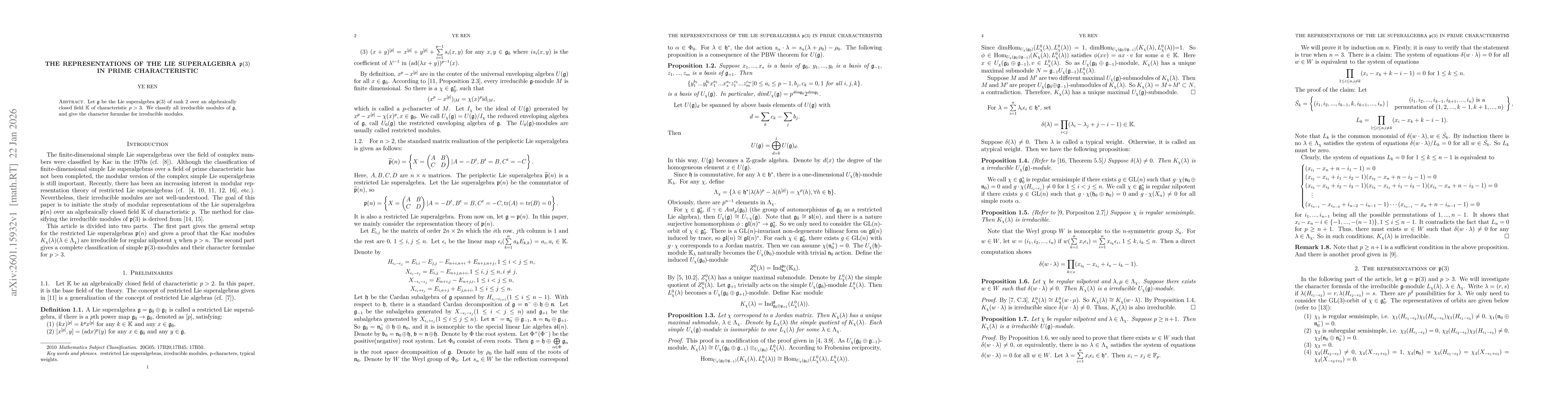 Thumbnail for The representations of the Lie superalgebra p(3) in prime characteristic