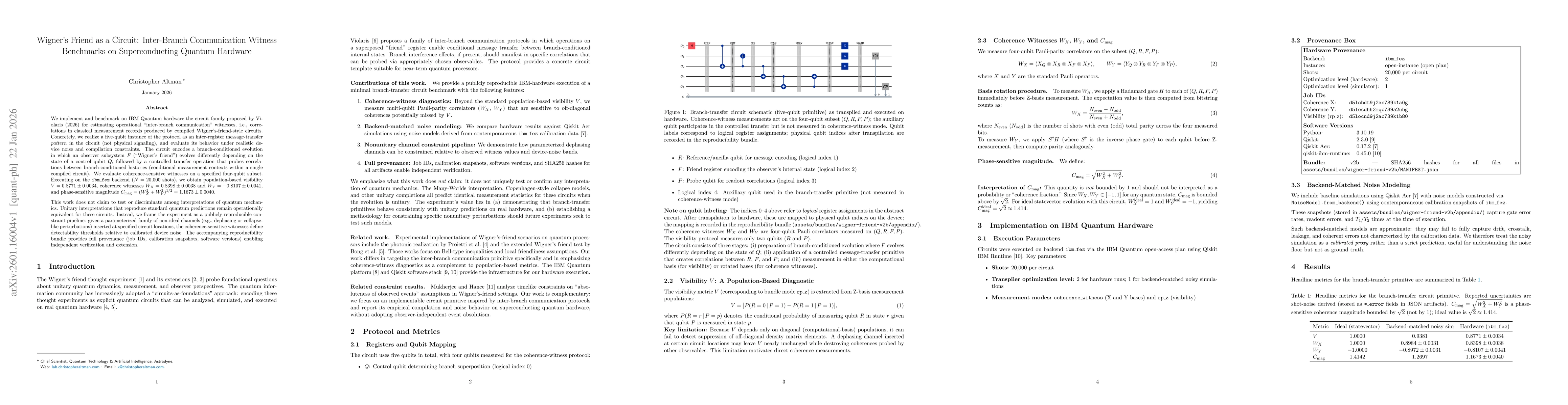 Thumbnail for Wigner's Friend as a Circuit: Inter-Branch Communication Witness Benchmarks on Superconducting Quantum Hardware