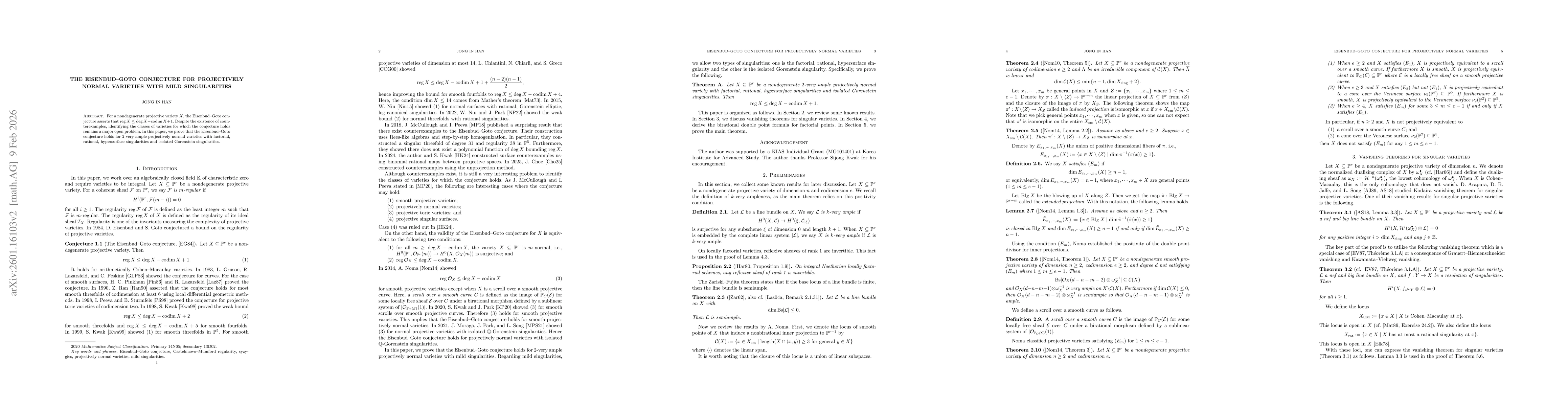 Thumbnail for The Eisenbud-Goto conjecture for projectively normal varieties with mild singularities