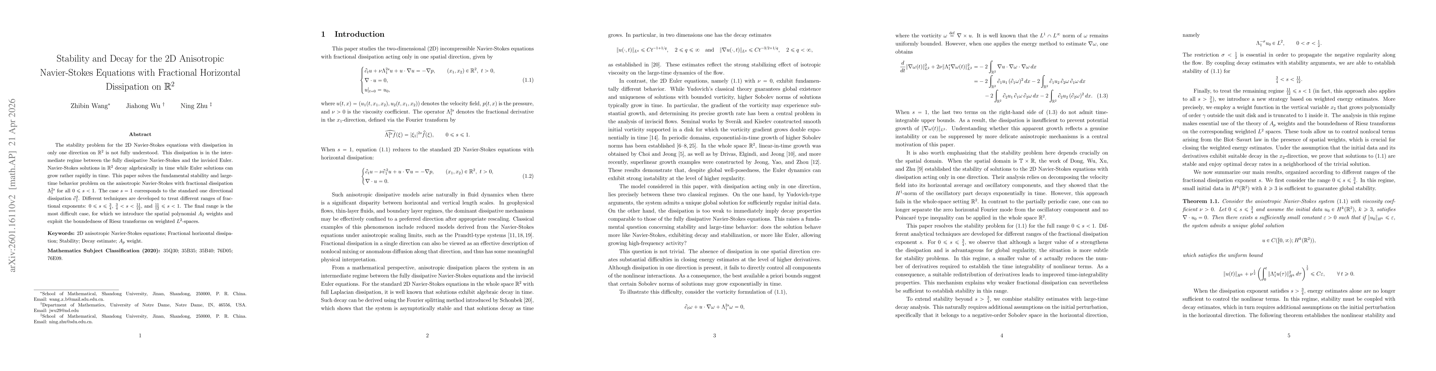 Thumbnail for Stability and Decay for the 2D Anisotropic Navier-Stokes Equations with Fractional Horizontal Dissipation on $\mathbb{R}^2$