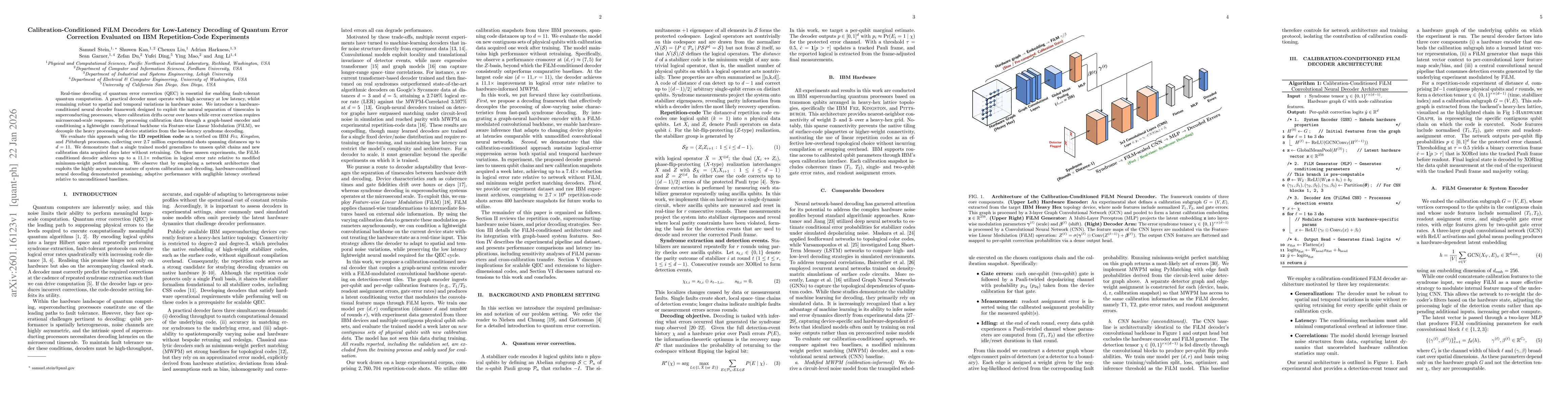Thumbnail for Calibration-Conditioned FiLM Decoders for Low-Latency Decoding of Quantum Error Correction Evaluated on IBM Repetition-Code Experiments