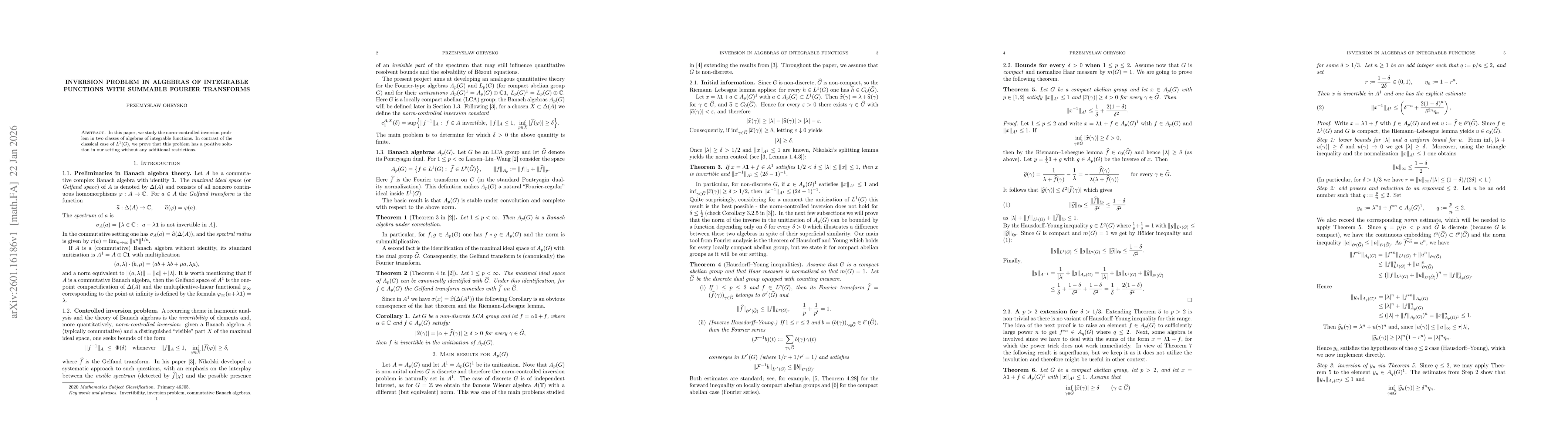 Thumbnail for Inversion problem in algebras of integrable functions with summable Fourier transforms