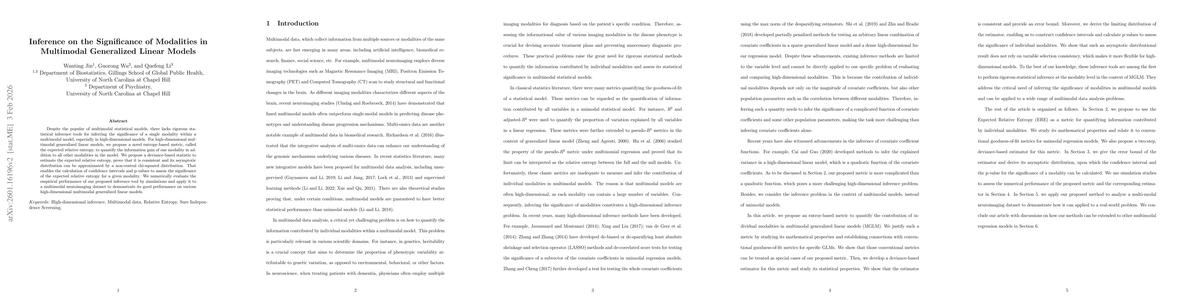 Thumbnail for Inference on the Significance of Modalities in Multimodal Generalized Linear Models