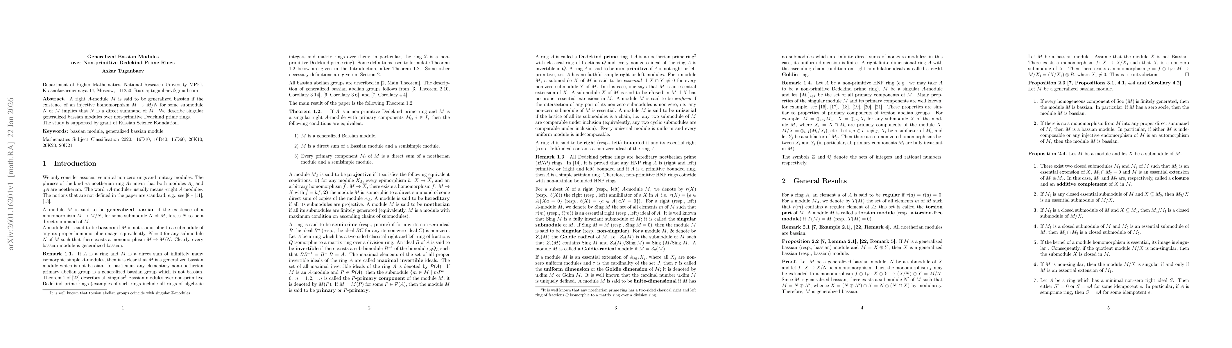 Thumbnail for Generalized Bassian Modules over Non-primitive Dedekind Prime Rings