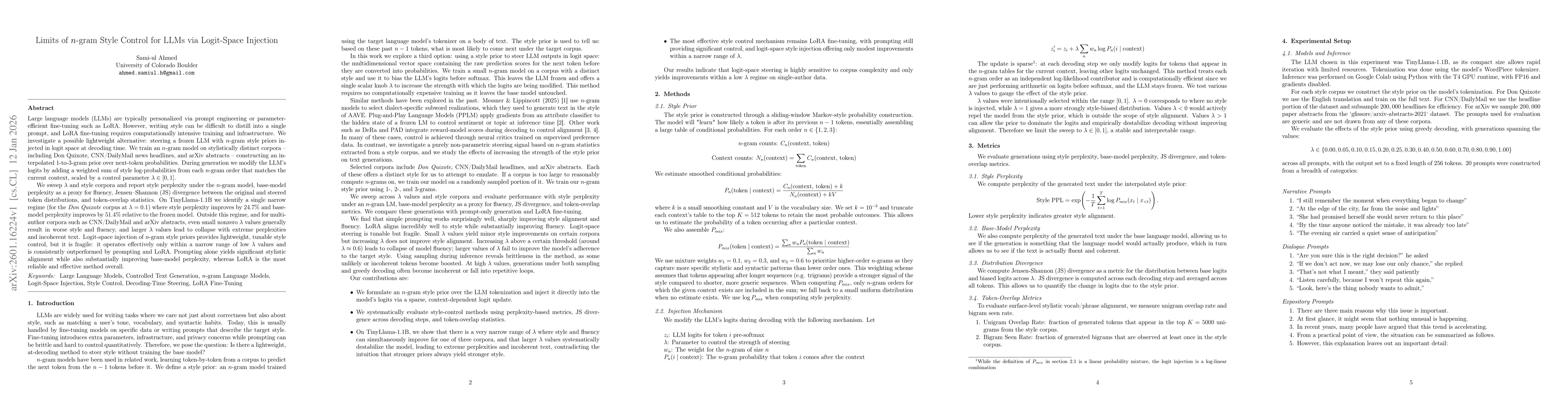 Thumbnail for Limits of n-gram Style Control for LLMs via Logit-Space Injection
