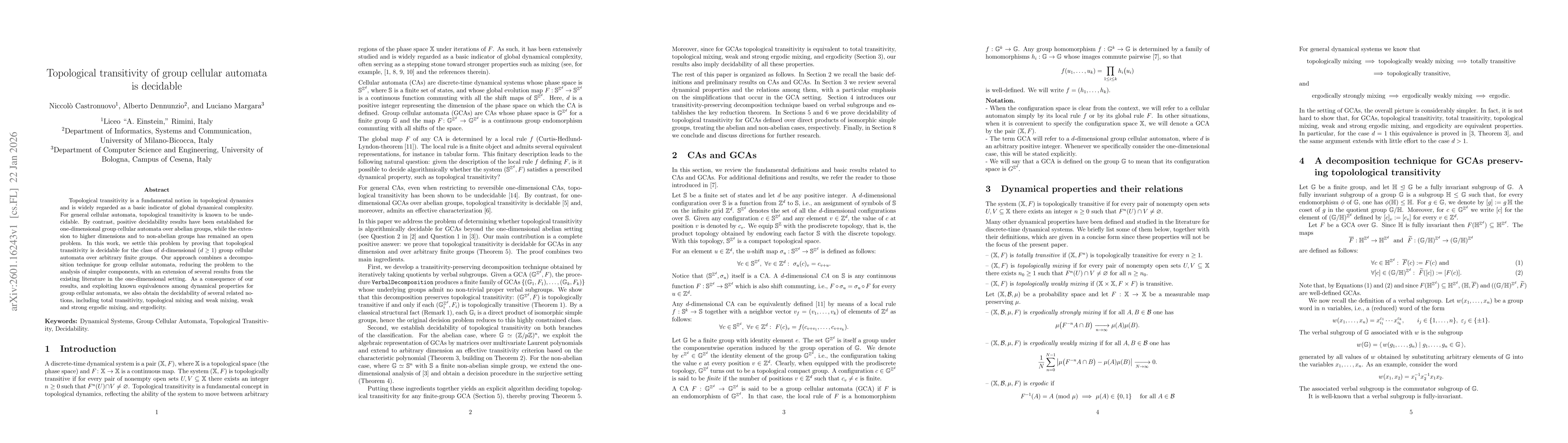 Thumbnail for Topological transitivity of group cellular automata is decidable
