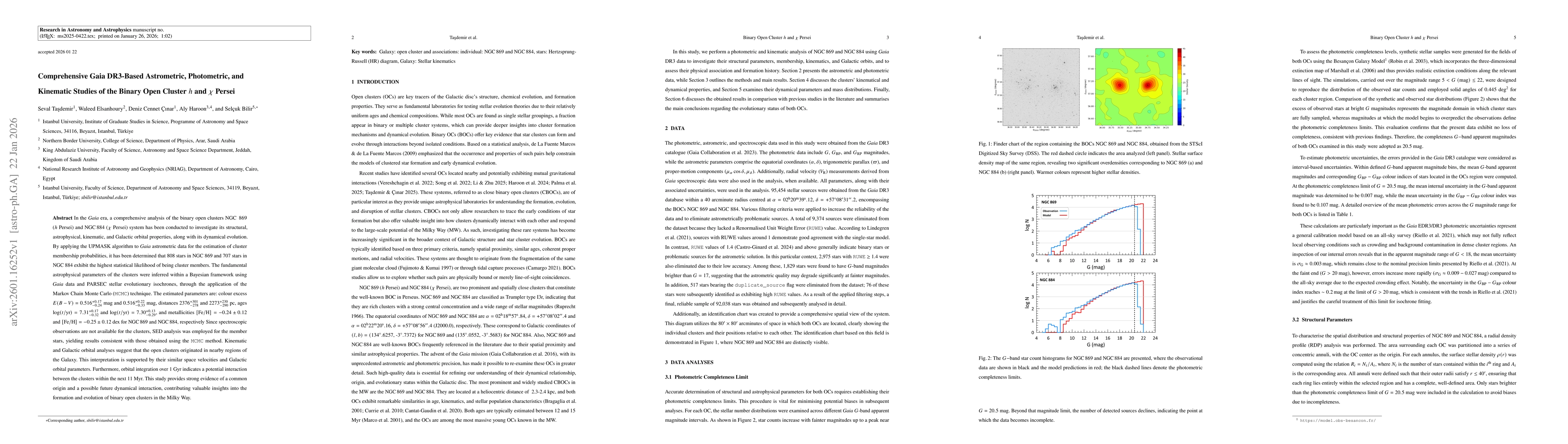 Thumbnail for Comprehensive Gaia DR3-Based Astrometric, Photometric, and Kinematic Studies of the Binary Open Cluster $h$ and $χ$ Persei
