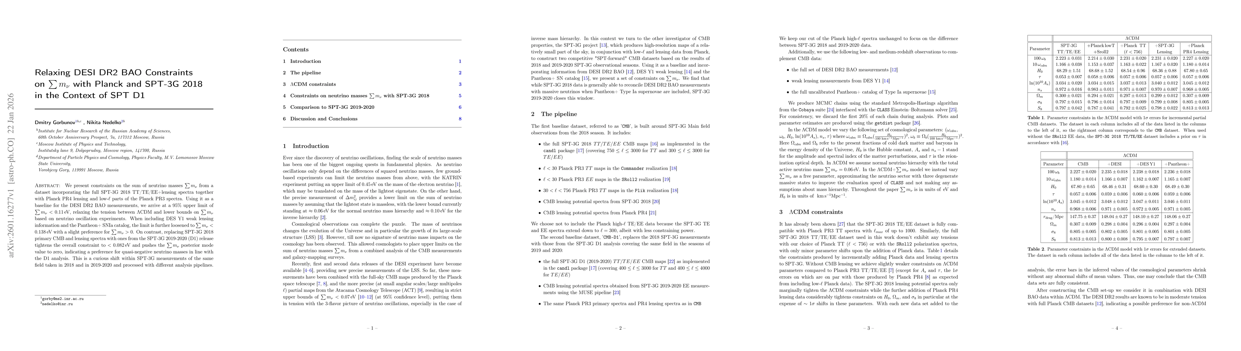 Thumbnail for Relaxing DESI DR2 BAO Constraints on $\sum m_ν$ with Planck and SPT-3G 2018 in the Context of SPT D1
