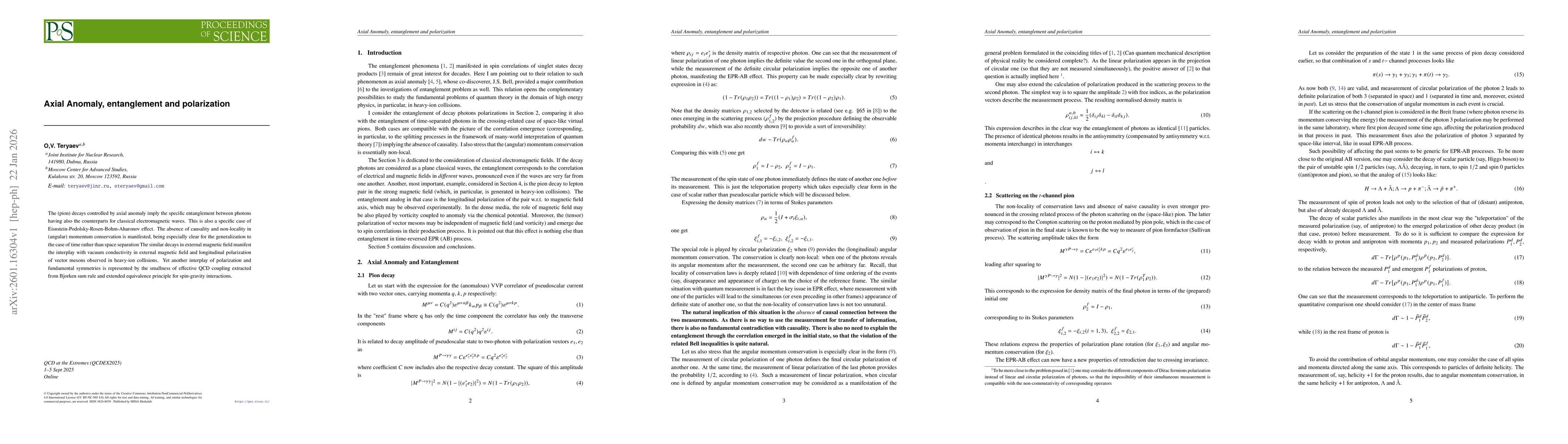 Thumbnail for Axial Anomaly, entanglement and polarization
