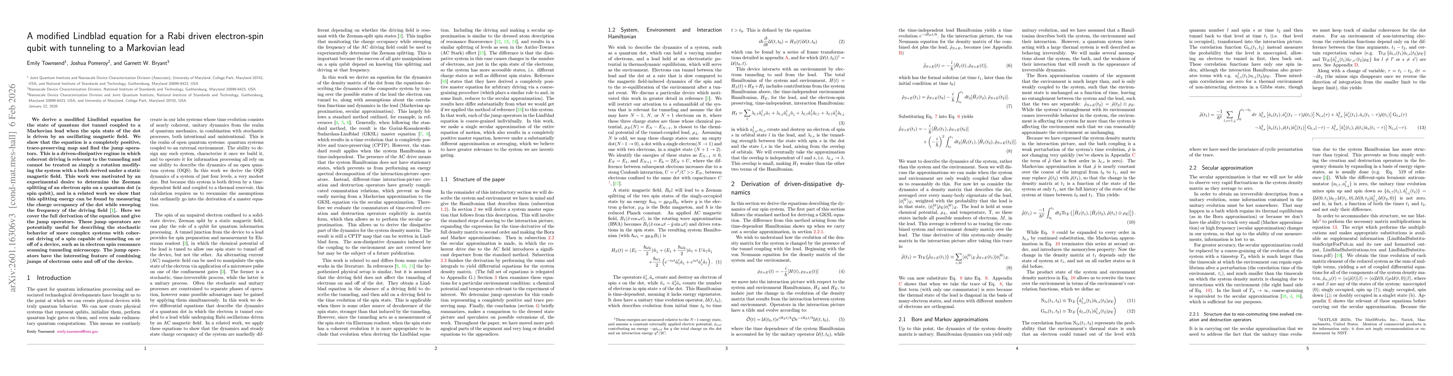 Thumbnail for A modified Lindblad equation for a Rabi driven electron-spin qubit with tunneling to a Markovian lead