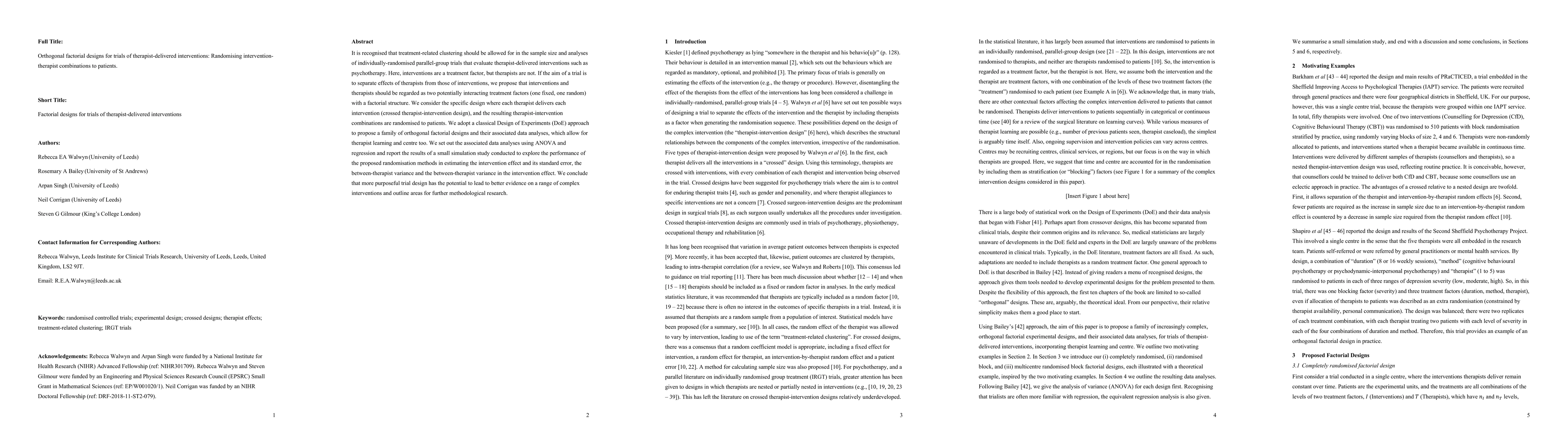 Thumbnail for Orthogonal factorial designs for trials of therapist-delivered interventions: Randomising intervention-therapist combinations to patients