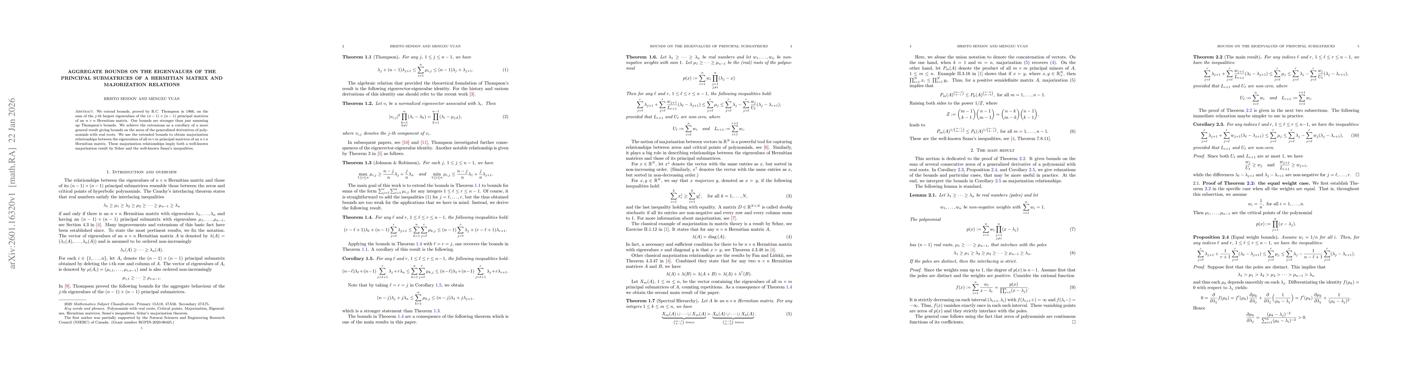 Thumbnail for Aggregate Bounds on the eigenvalues of the principal submatrices of a Hermitian matrix and majorization relations