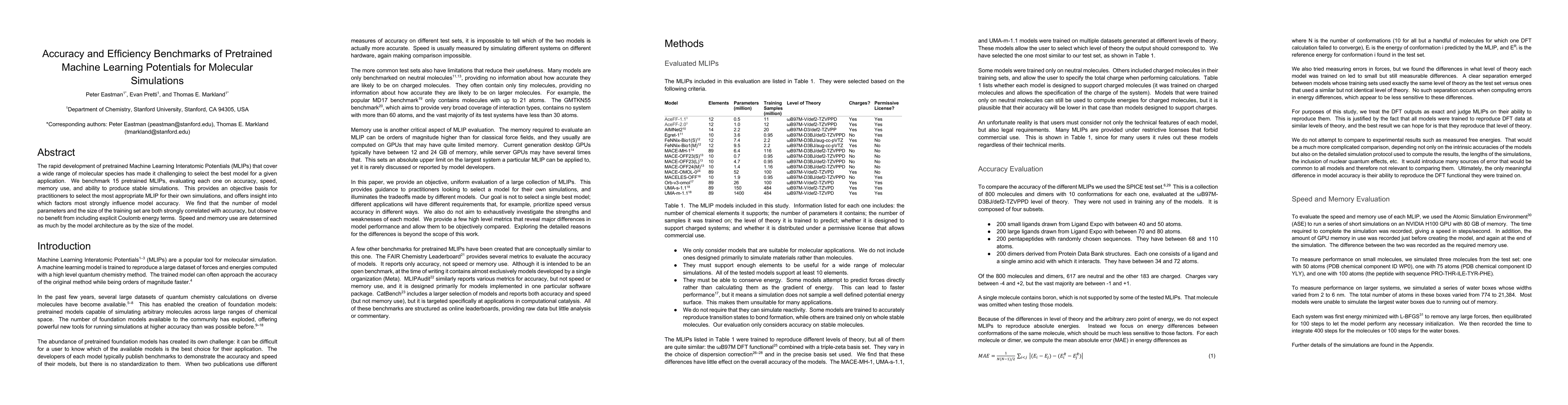 Thumbnail for Accuracy and Efficiency Benchmarks of Pretrained Machine Learning Potentials for Molecular Simulations
