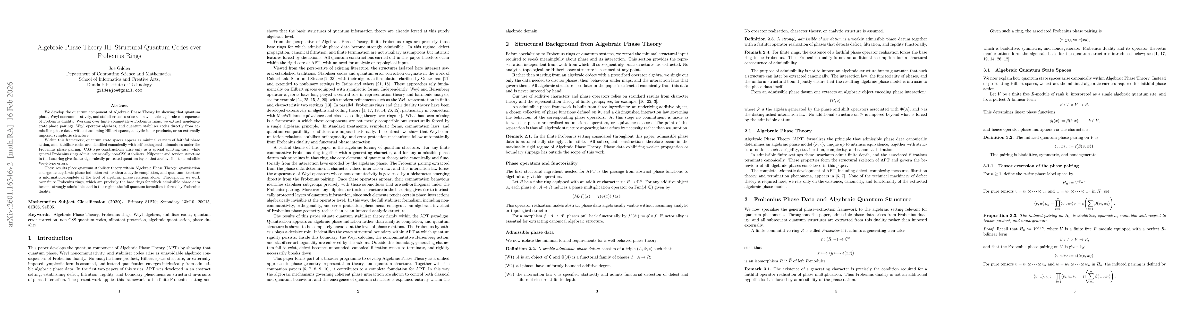 Thumbnail for Algebraic Phase Theory III: Structural Quantum Codes over Frobenius Rings