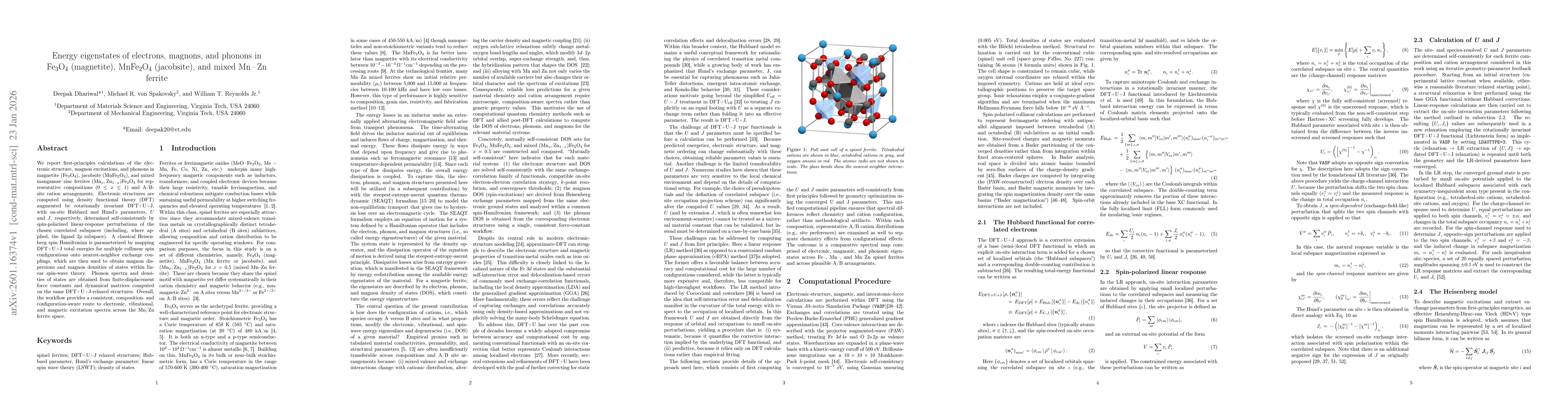 Thumbnail for Energy Eigenstates of Electrons, Magnons and Phonons in Fe$_3$O$_4$ (magnetite), MnFe$_2$O$_4$ (jacobsite), and mixed Mn-Zn ferrites