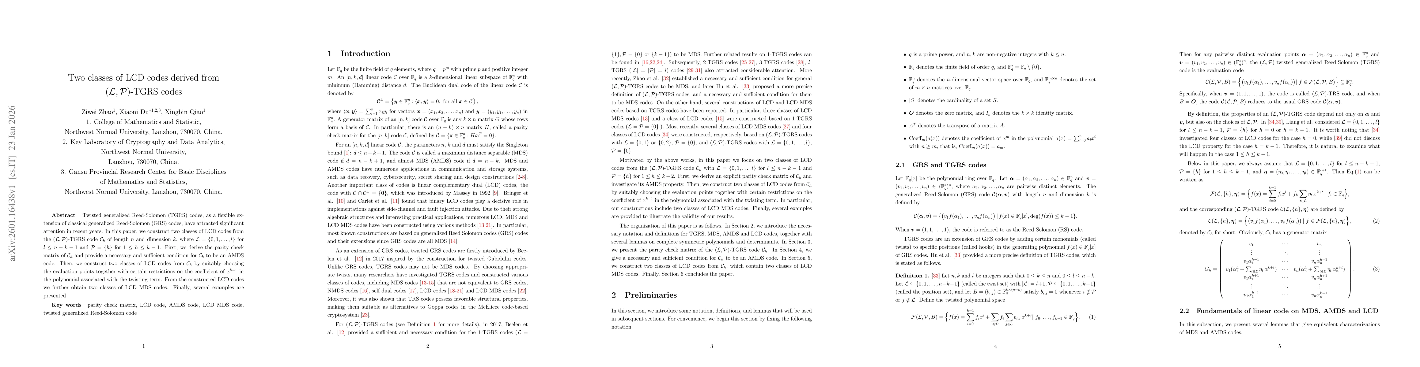 Thumbnail for Two classes of LCD codes derived from $(\mathcal{L},\mathcal{P})$-TGRS codes