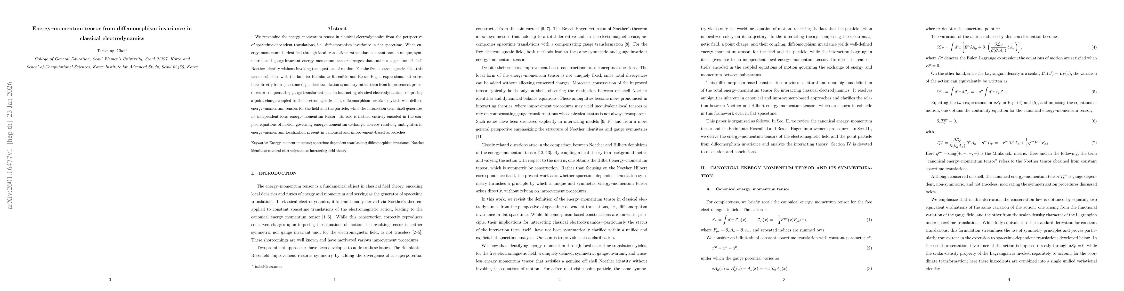 Thumbnail for Energy-momentum tensor from diffeomorphism invariance in classical electrodynamics
