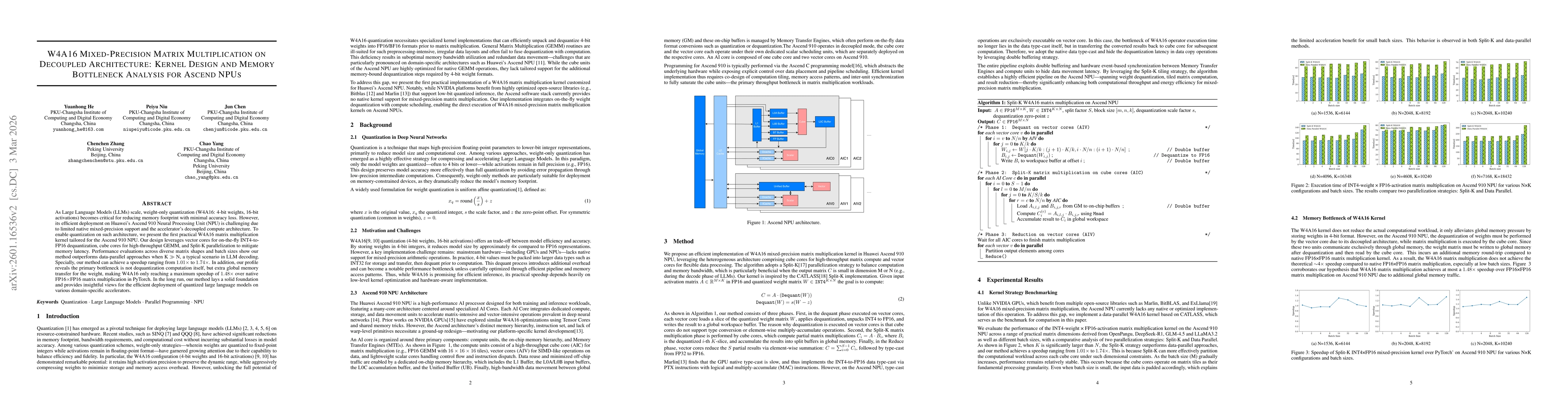 Thumbnail for W4A16 Mixed-Precision Matrix Multiplication on Decoupled Architecture: Kernel Design and Memory Bottleneck Analysis for Ascend NPUs