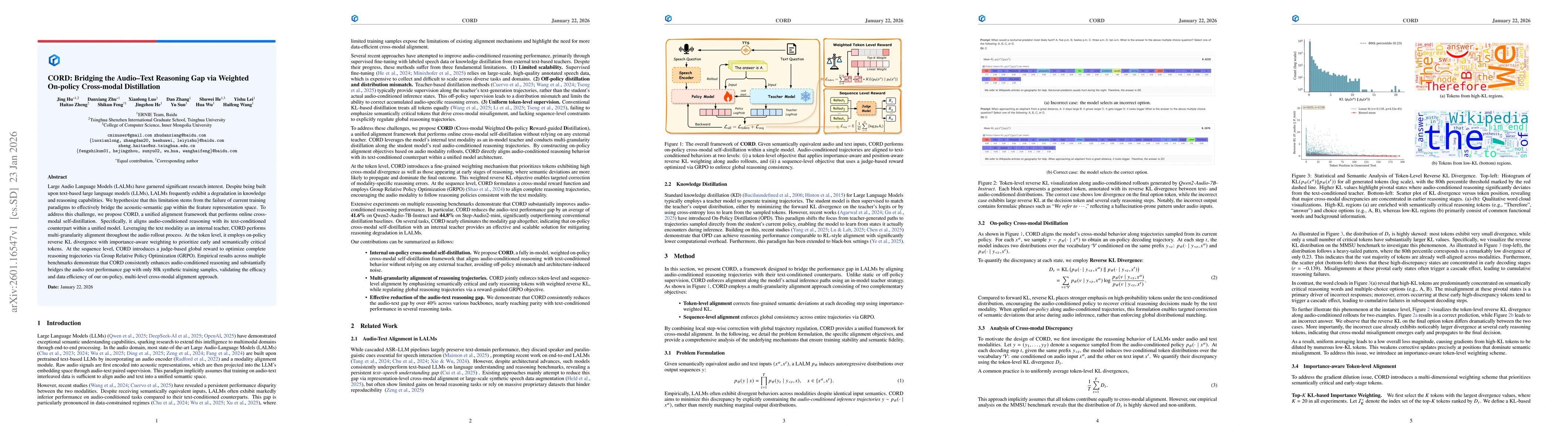 Thumbnail for CORD: Bridging the Audio-Text Reasoning Gap via Weighted On-policy Cross-modal Distillation
