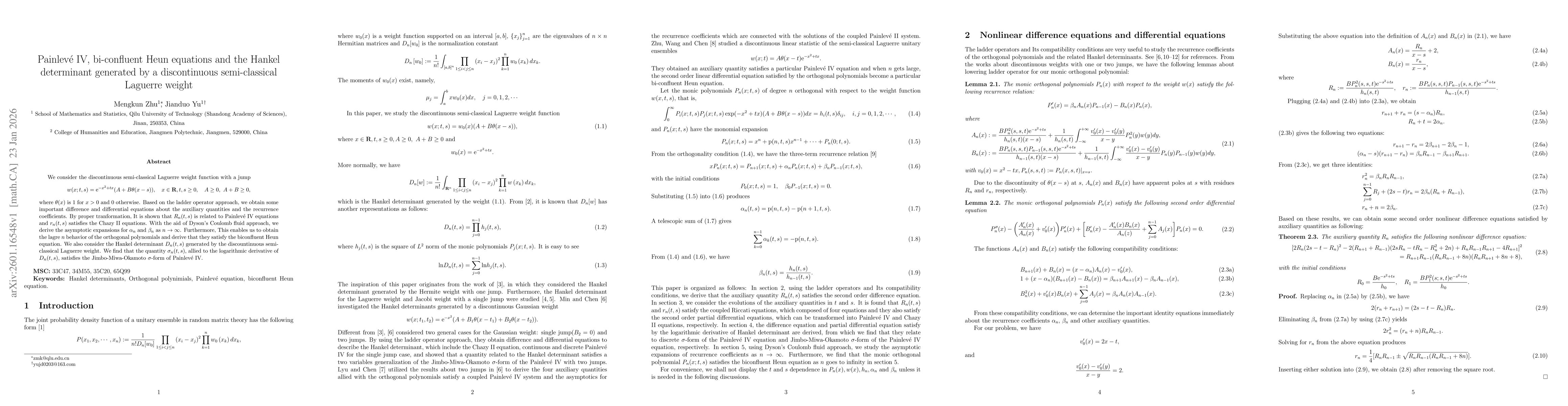 Thumbnail for Painlevé IV, bi-confluent Heun equations and the Hankel determinant generated by a discontinuous semi-classical Laguerre weight