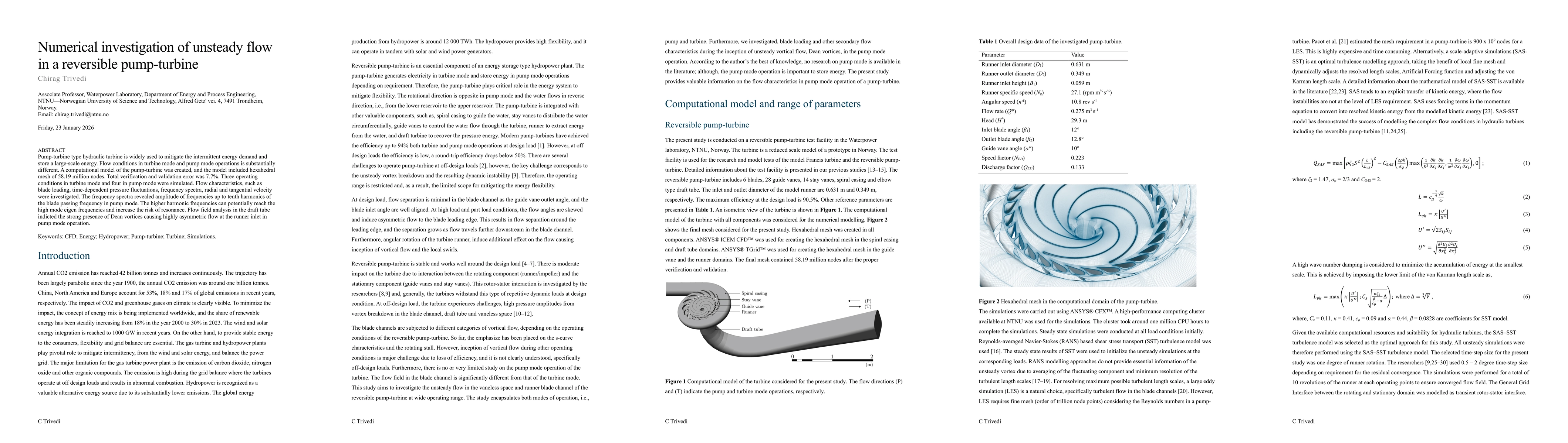 Thumbnail for Numerical investigation of unsteady flow in a reversible pump-turbine