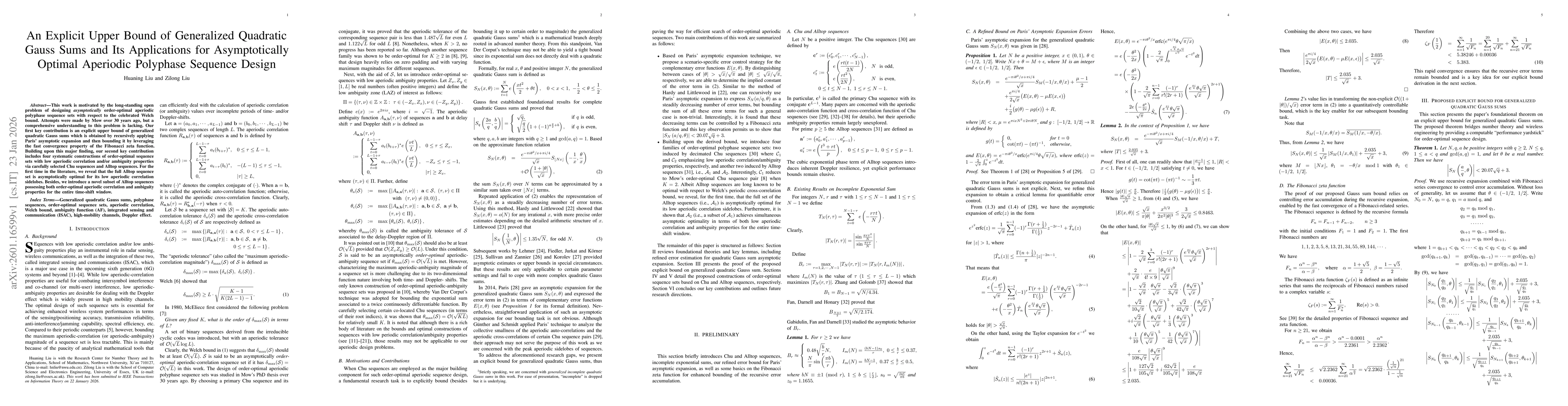 Thumbnail for An Explicit Upper Bound of Generalized Quadratic Gauss Sums and Its Applications for Asymptotically Optimal Aperiodic Polyphase Sequence Design