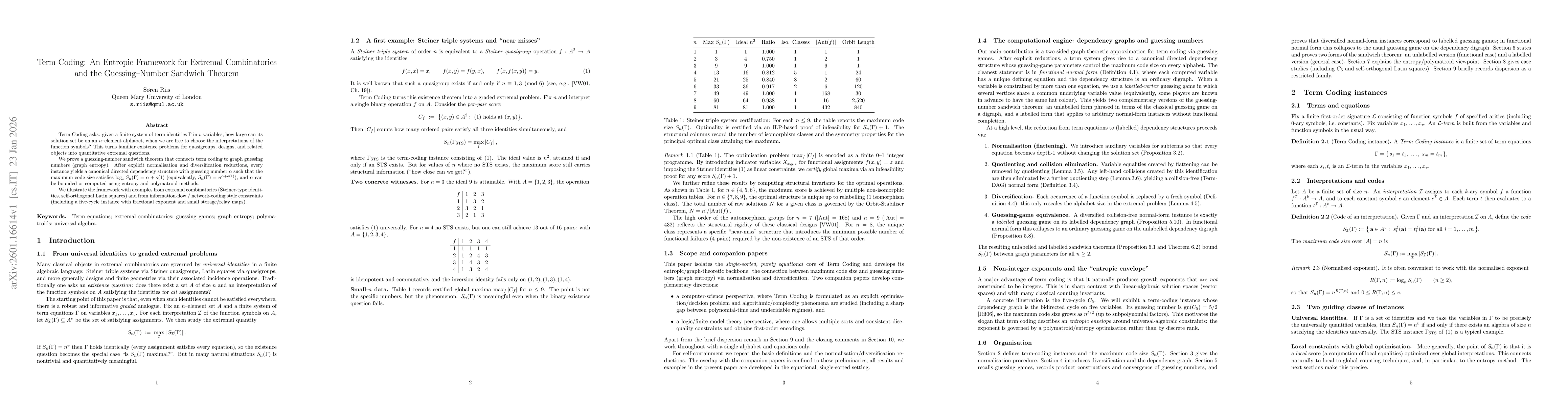 Thumbnail for Term Coding: An Entropic Framework for Extremal Combinatorics and the Guessing--Number Sandwich Theorem