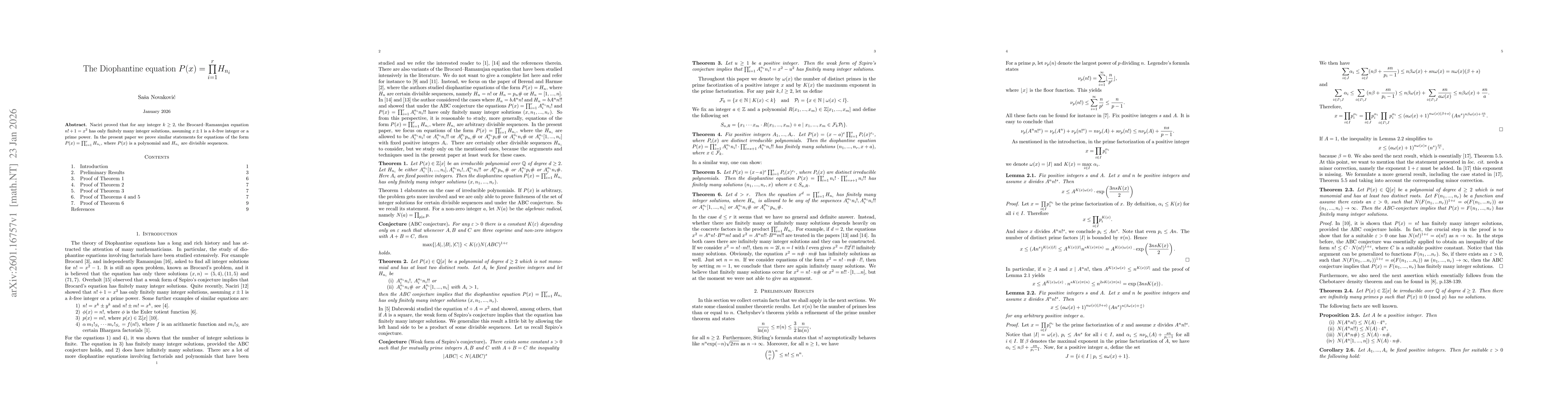 Thumbnail for The Diophantine equation $P(x)=\overset{r}{\underset{i=1}{\prod}}H_{n_i}$
